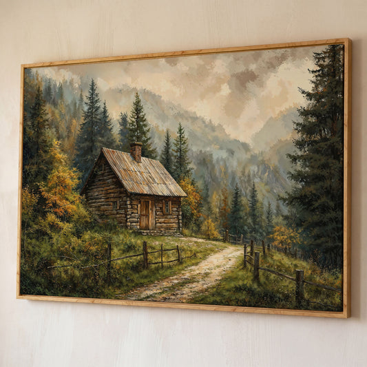 Autumn Forest Mountain Landscape Canvas shown in white oak floating frame