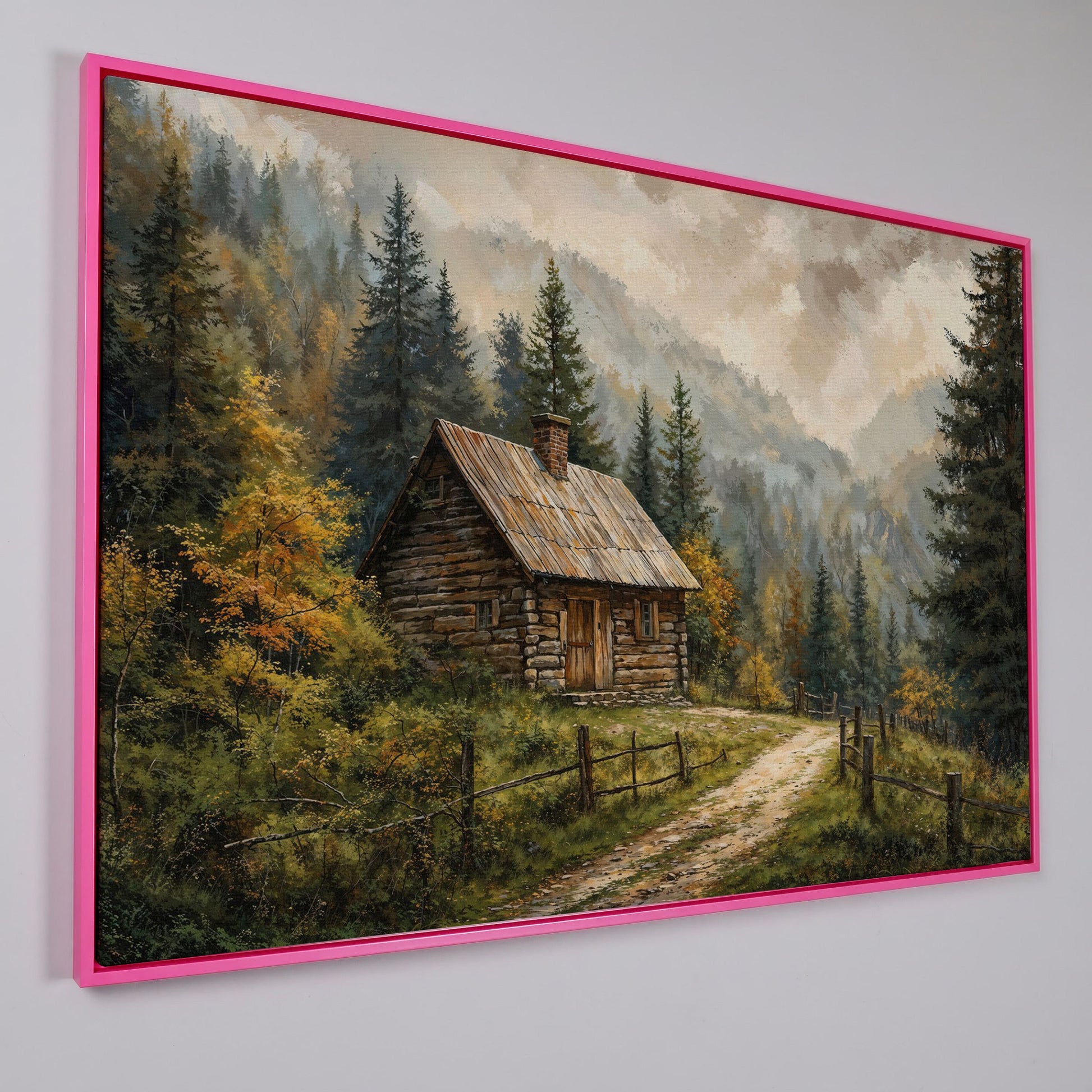 Autumn Forest Mountain Landscape Canvas in pink floating frame