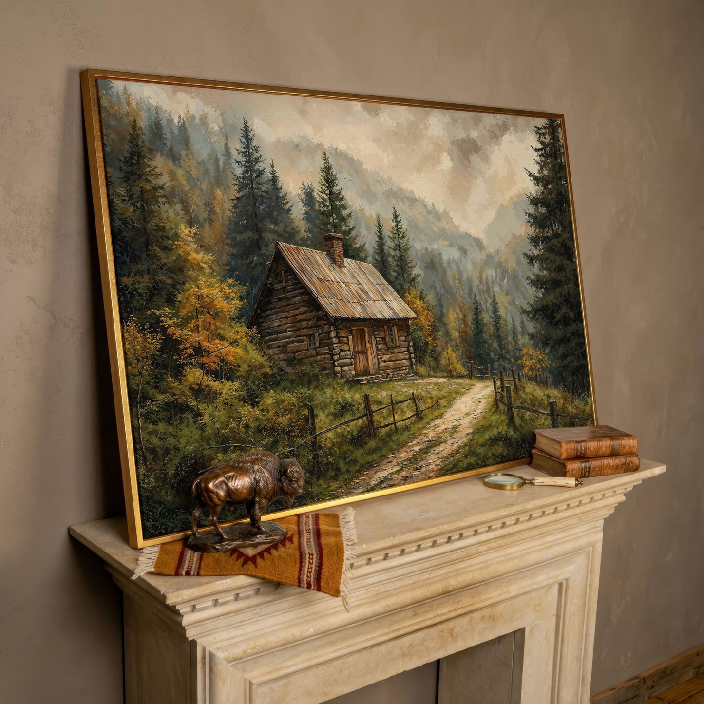 Autumn Forest Mountain Landscape Canvas in rose gold floating frame