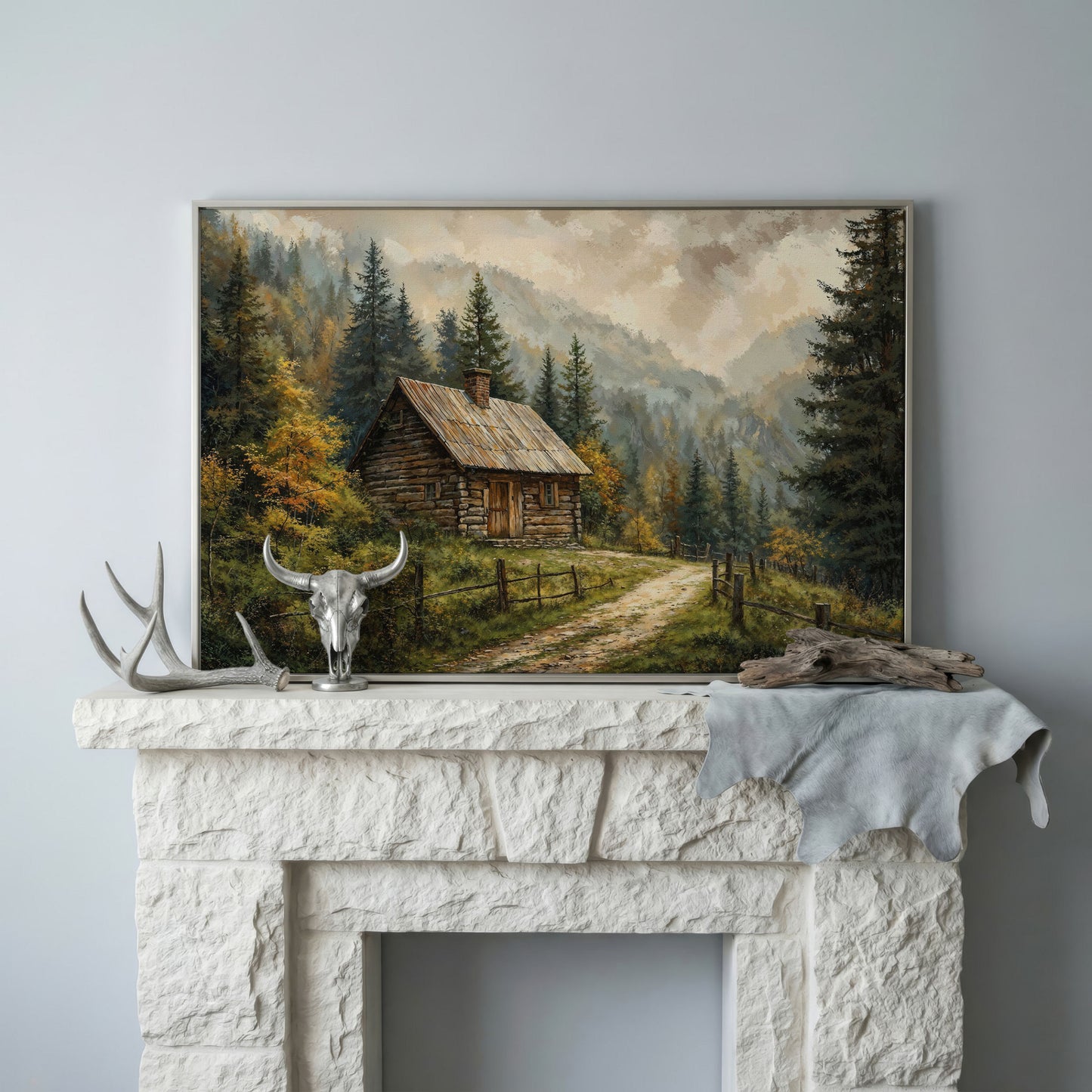 Autumn Forest Mountain Landscape Canvas in silver floating frame
