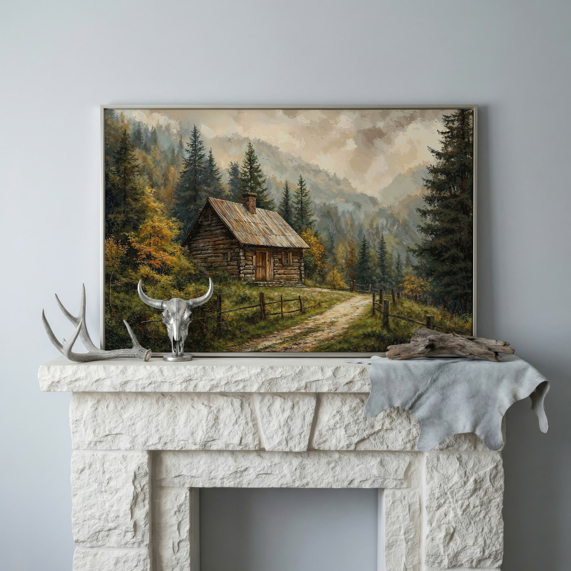 Autumn Forest Mountain Landscape Canvas in silver floating frame