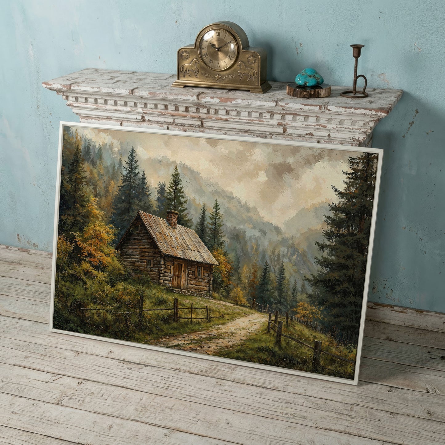 Autumn Forest Mountain Landscape Canvas in white floating frame