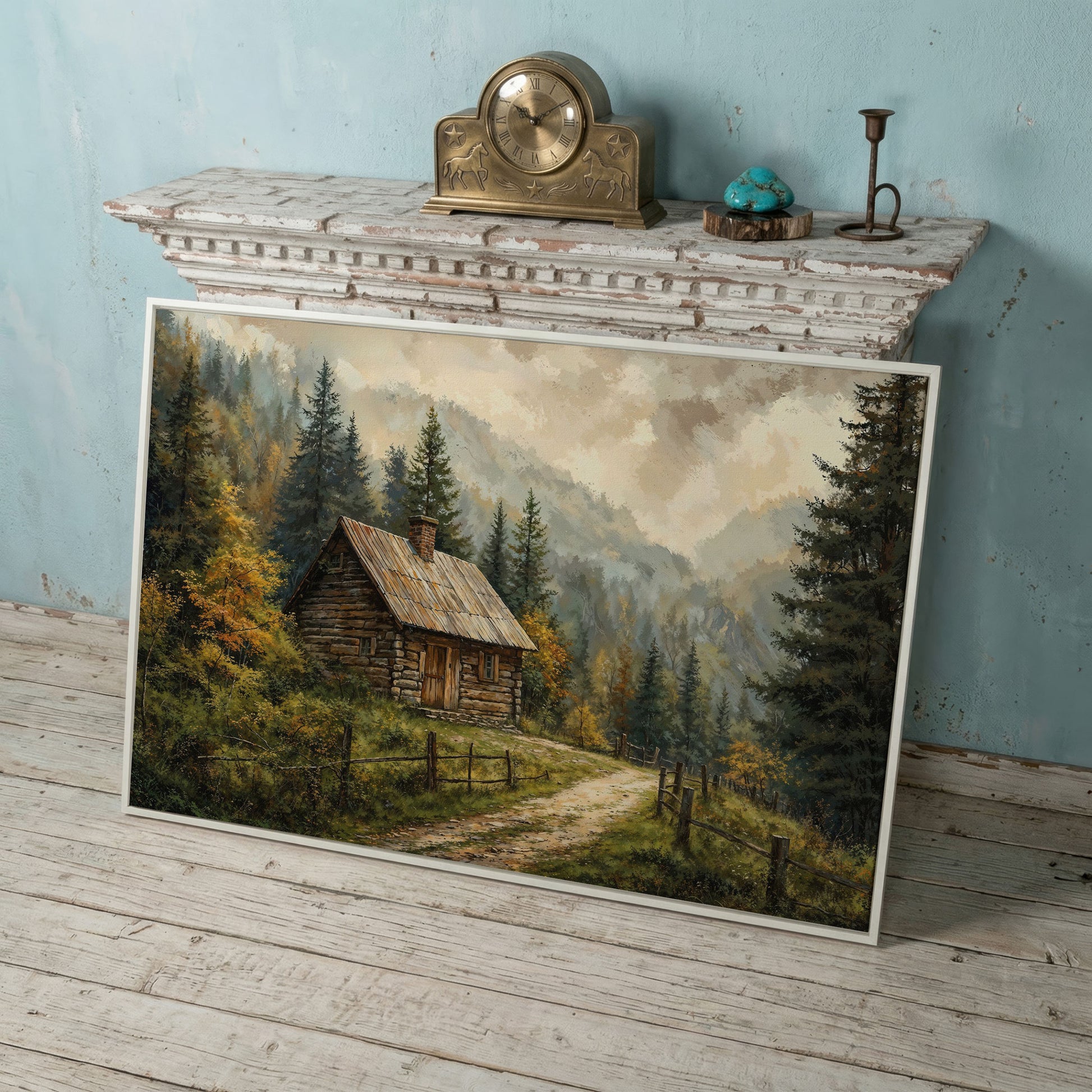Autumn Forest Mountain Landscape Canvas in white floating frame