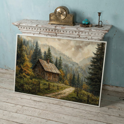Autumn Forest Mountain Landscape Canvas in white floating frame