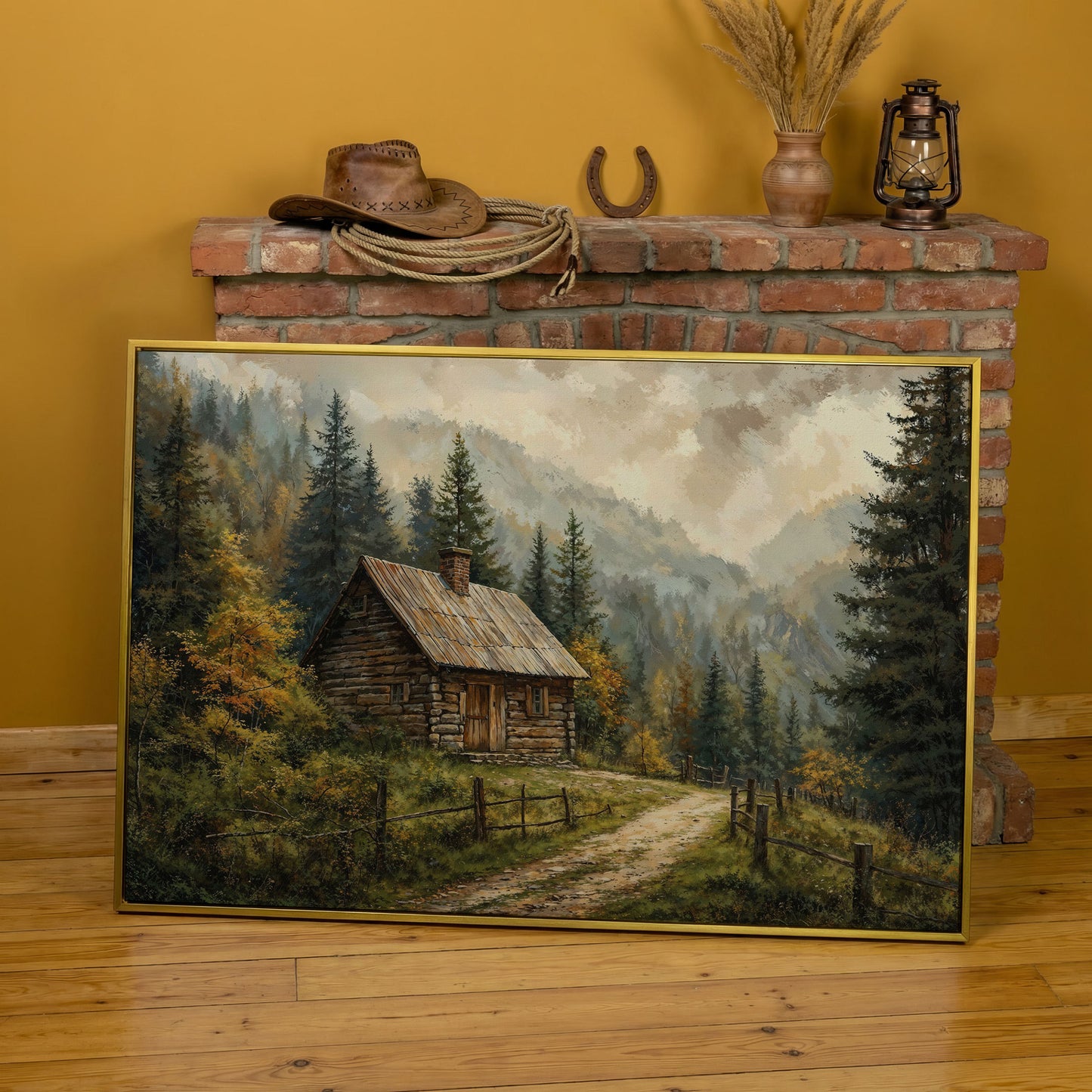 Autumn Forest Mountain Landscape Canvas in yellow gold floating frame
