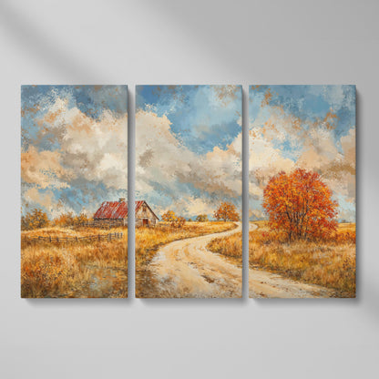 Cottage by the Winding Road Autumn Canvas as 3-panel split version