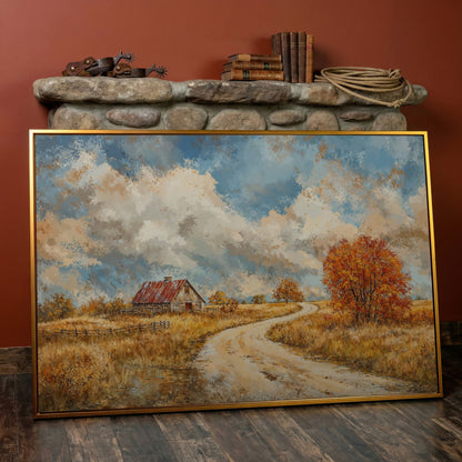 Cottage by the Winding Road Autumn Canvas in antique gold floating frame