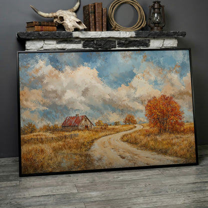 Cottage by the Winding Road Autumn Canvas in black floating frame
