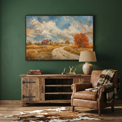 Cottage by the Winding Road Autumn Canvas in dark walnut floating frame