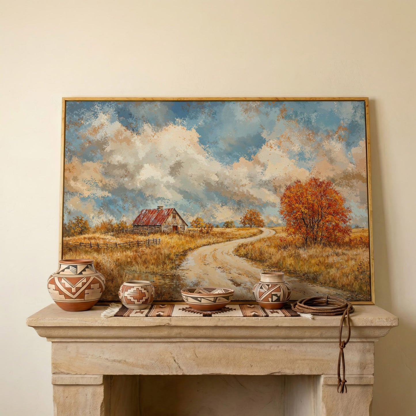 Cottage by the Winding Road Autumn Canvas in white oak floating frame