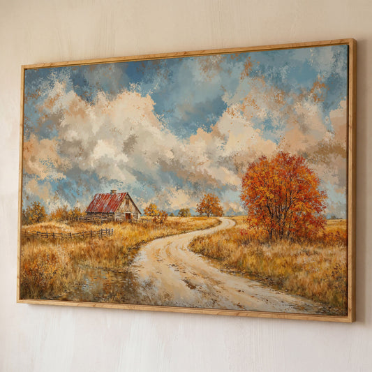 Cottage by the Winding Road Autumn Canvas shown in white oak floating frame