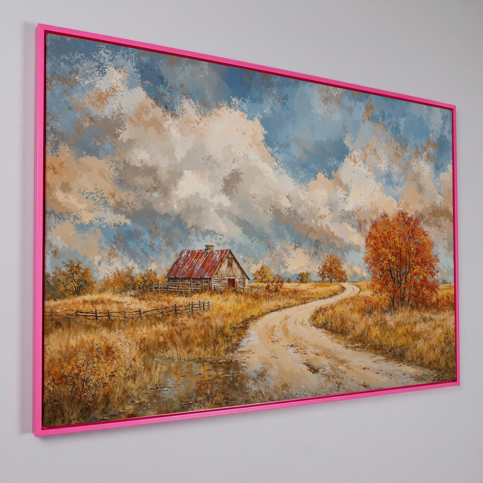 Cottage by the Winding Road Autumn Canvas in pink floating frame