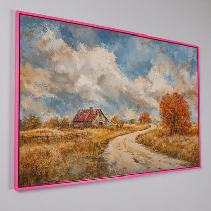 Cottage by the Winding Road Autumn Canvas in pink floating frame