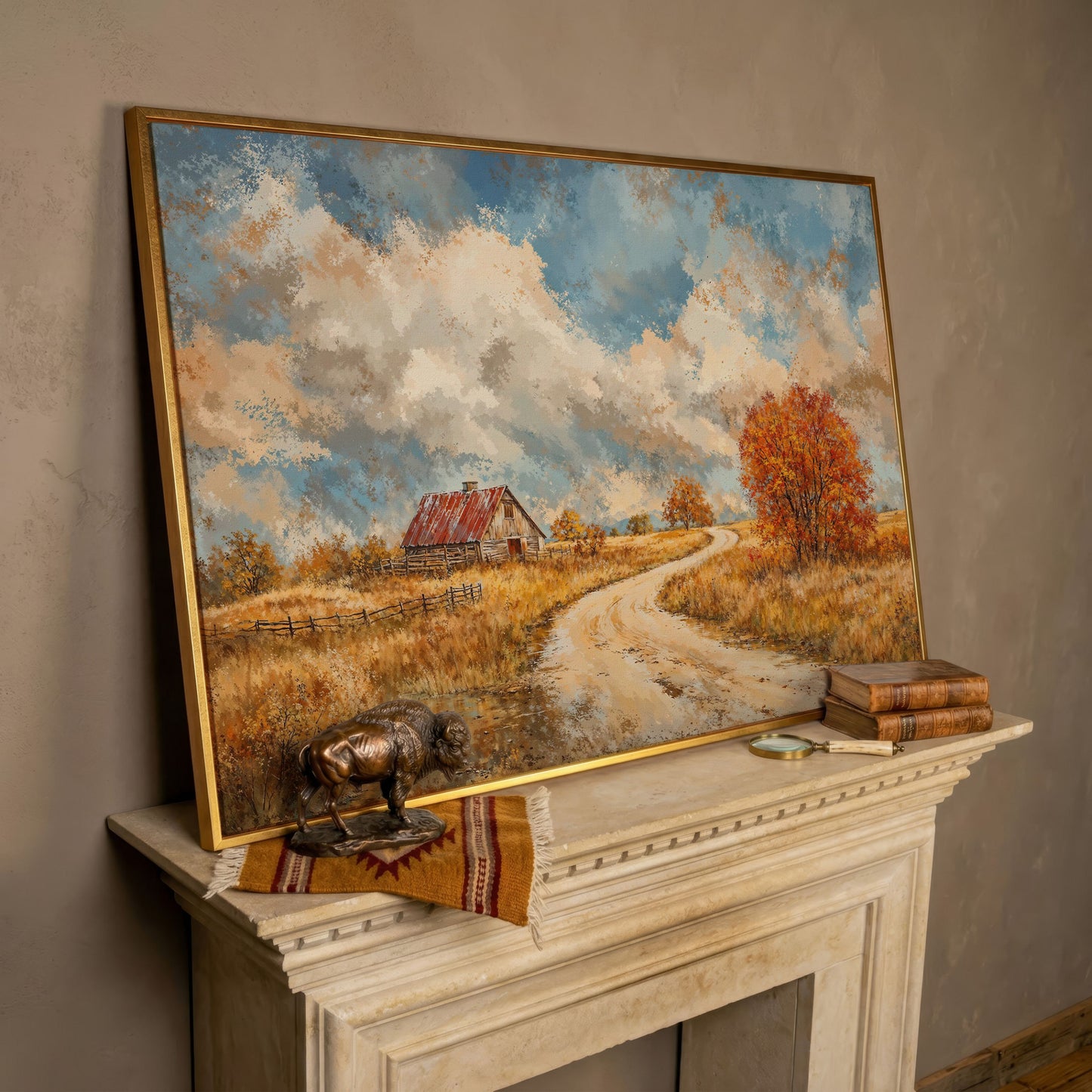 Cottage by the Winding Road Autumn Canvas in rose gold floating frame