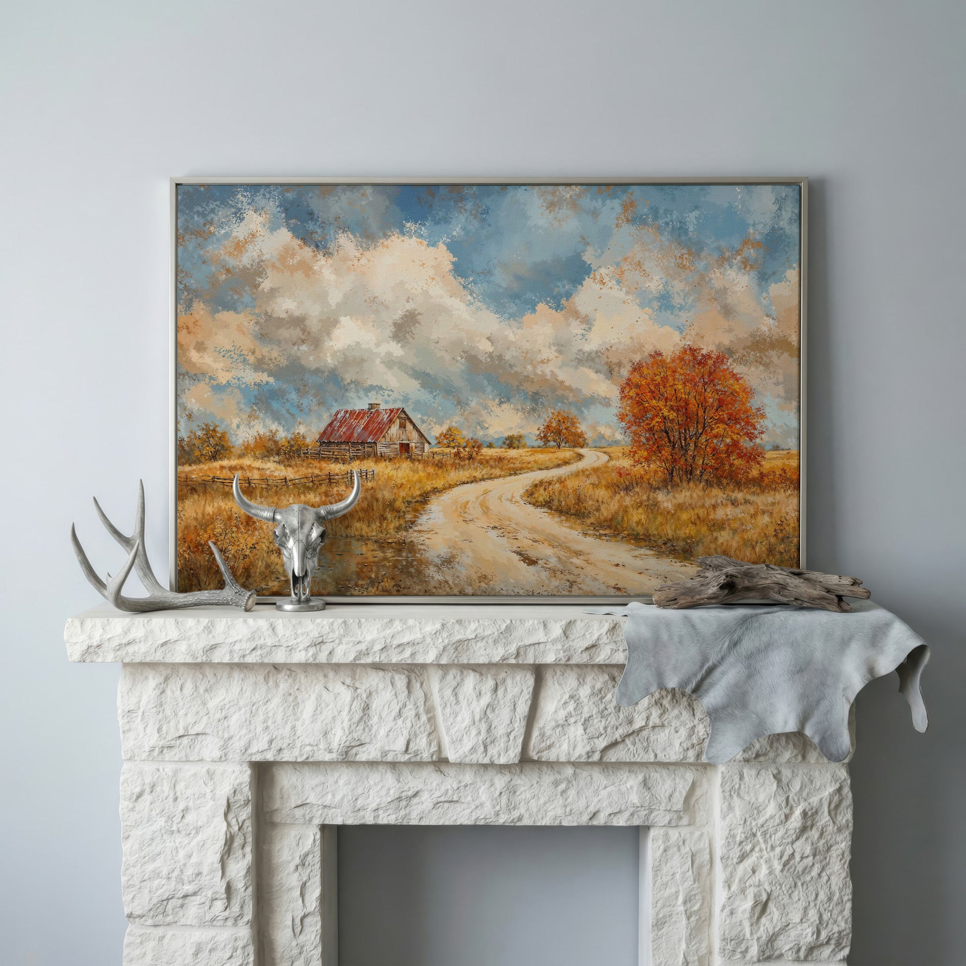 Cottage by the Winding Road Autumn Canvas in silver floating frame