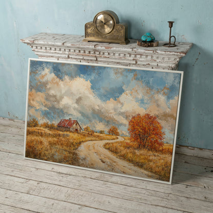 Cottage by the Winding Road Autumn Canvas in white floating frame
