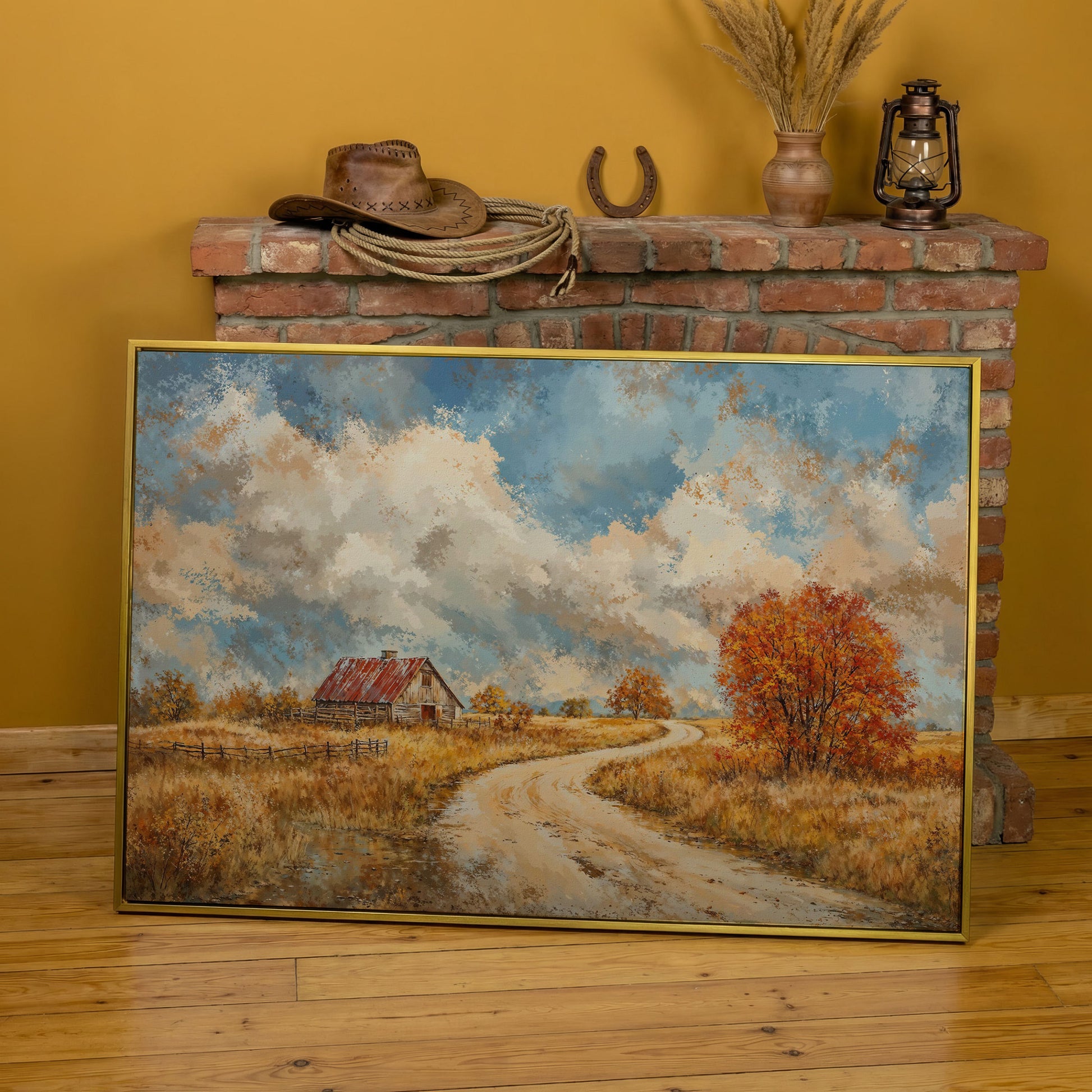Cottage by the Winding Road Autumn Canvas in yellow gold floating frame