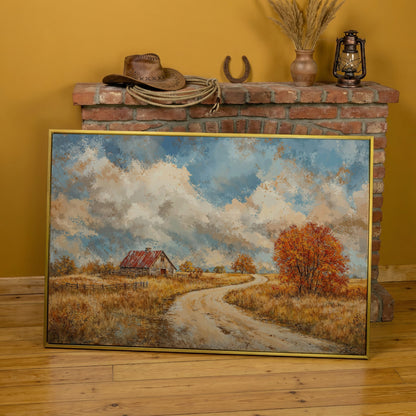 Cottage by the Winding Road Autumn Canvas in yellow gold floating frame