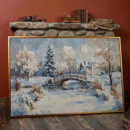 Winter Stone Bridge Canvas in antique gold floating frame