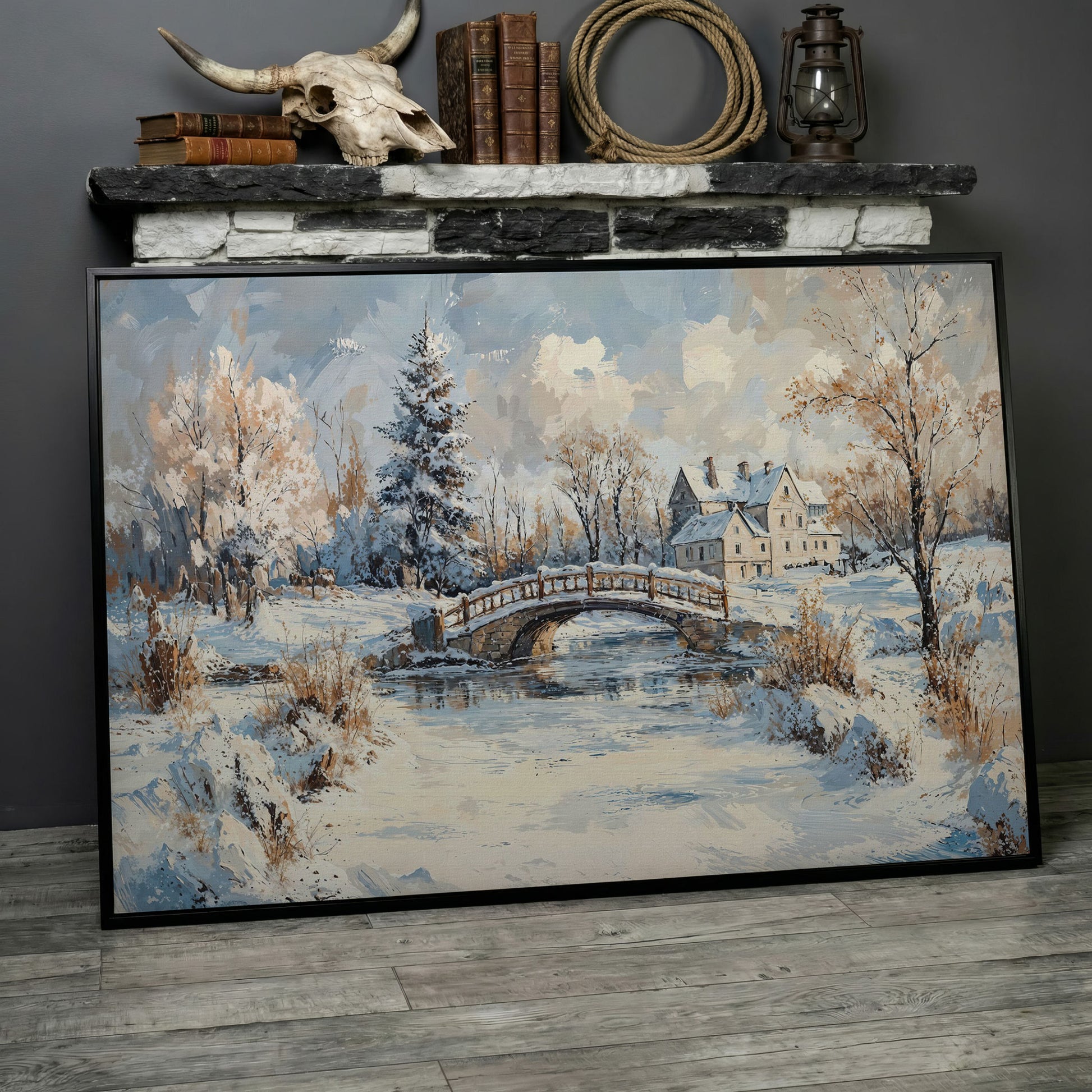 Winter Stone Bridge Canvas in black floating frame