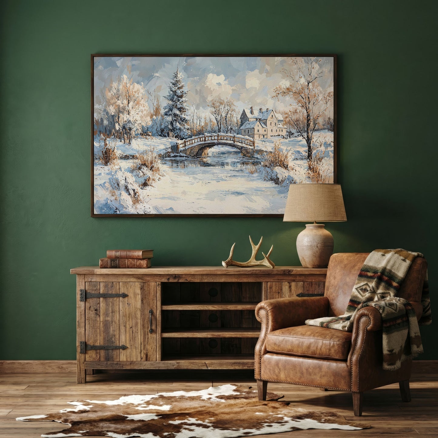Winter Stone Bridge Canvas in dark walnut floating frame