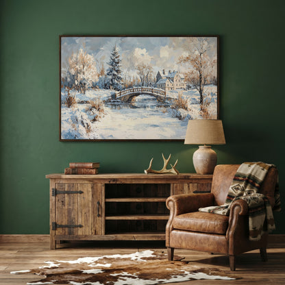 Winter Stone Bridge Canvas in dark walnut floating frame