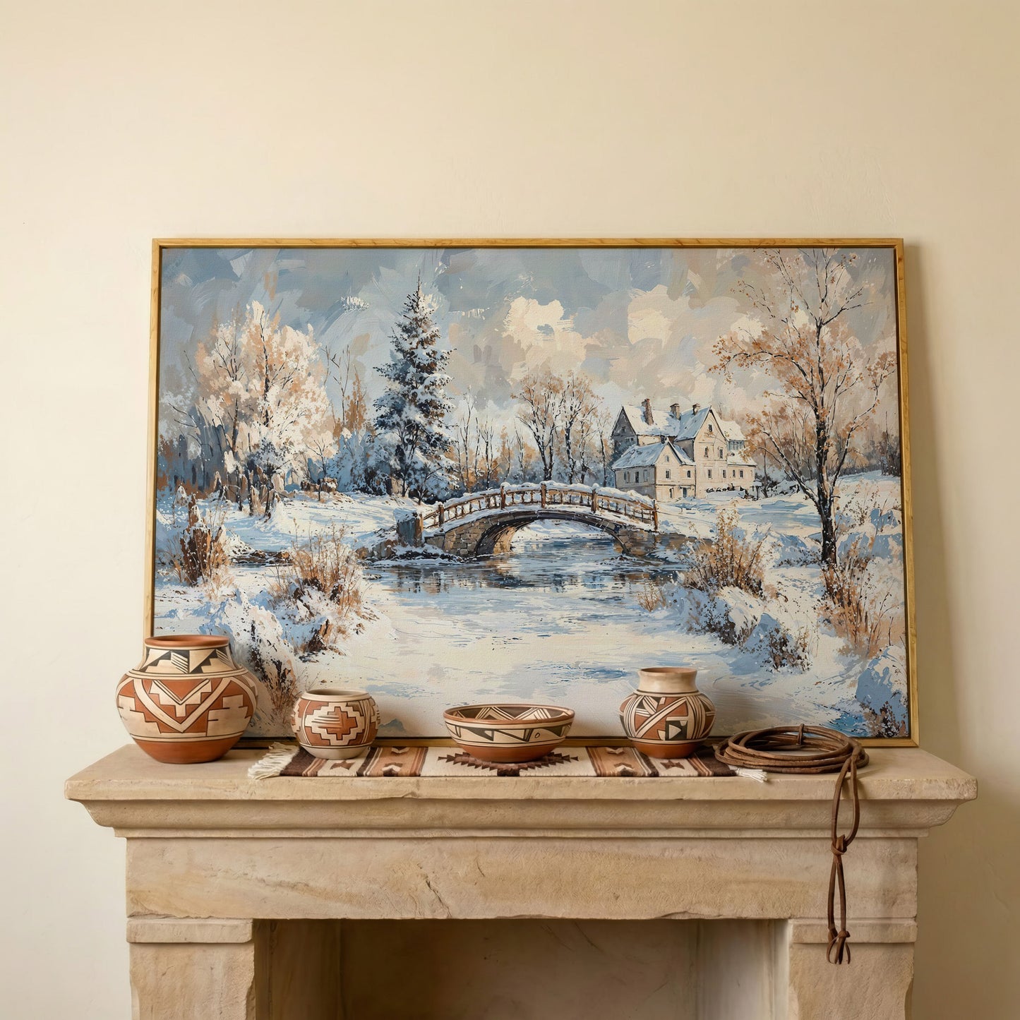 Winter Stone Bridge Canvas in white oak floating frame
