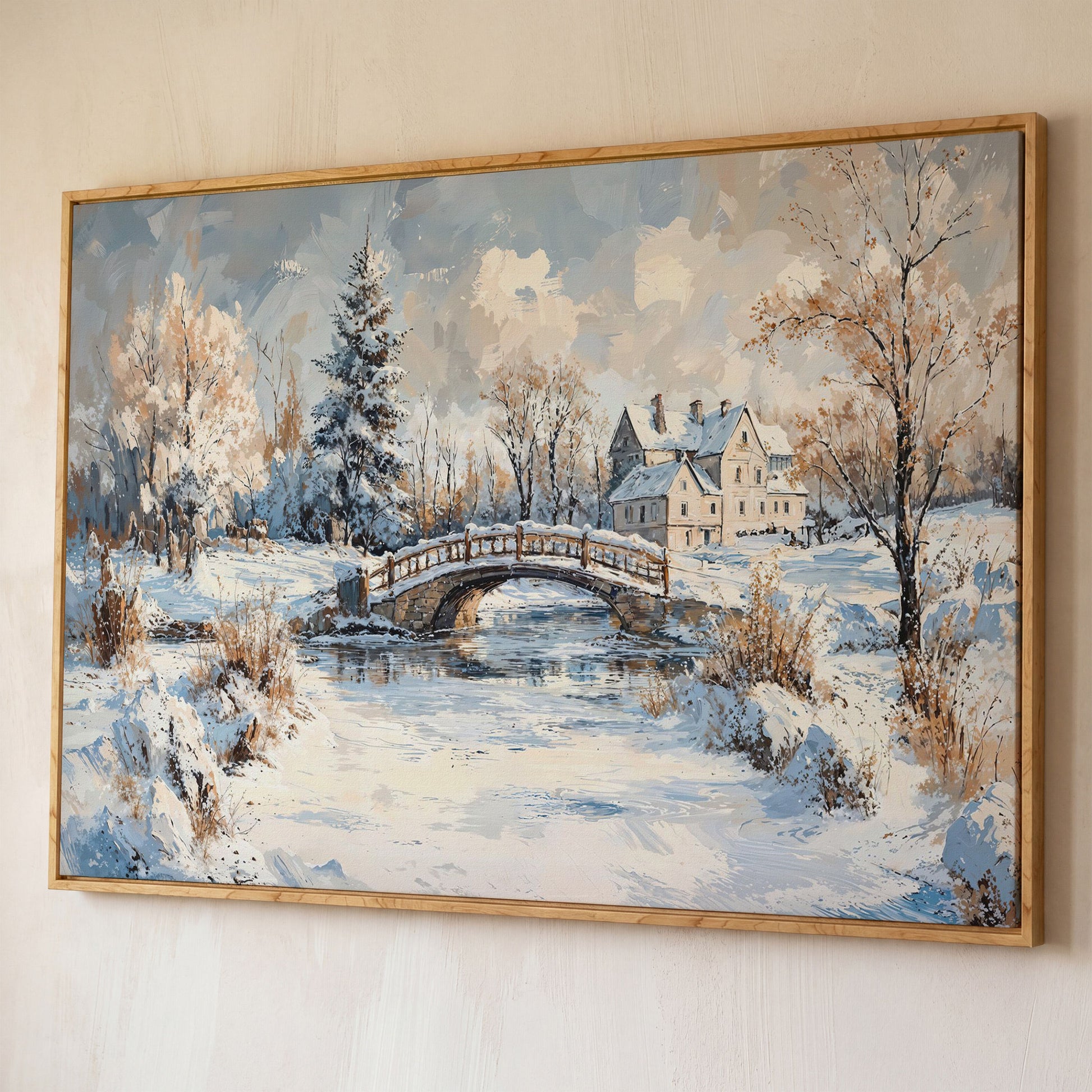 Winter Stone Bridge Canvas shown in white oak floating frame