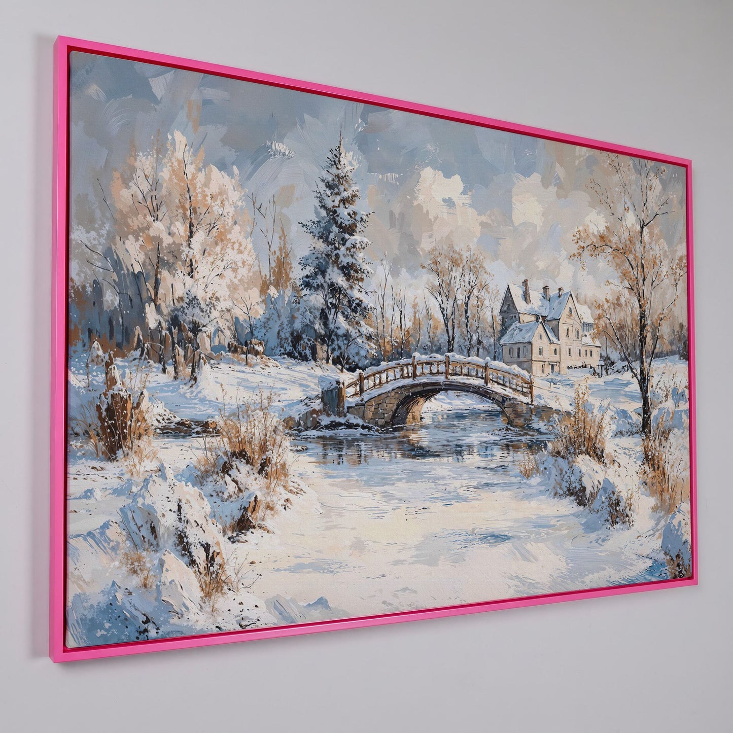 Winter Stone Bridge Canvas in pink floating frame