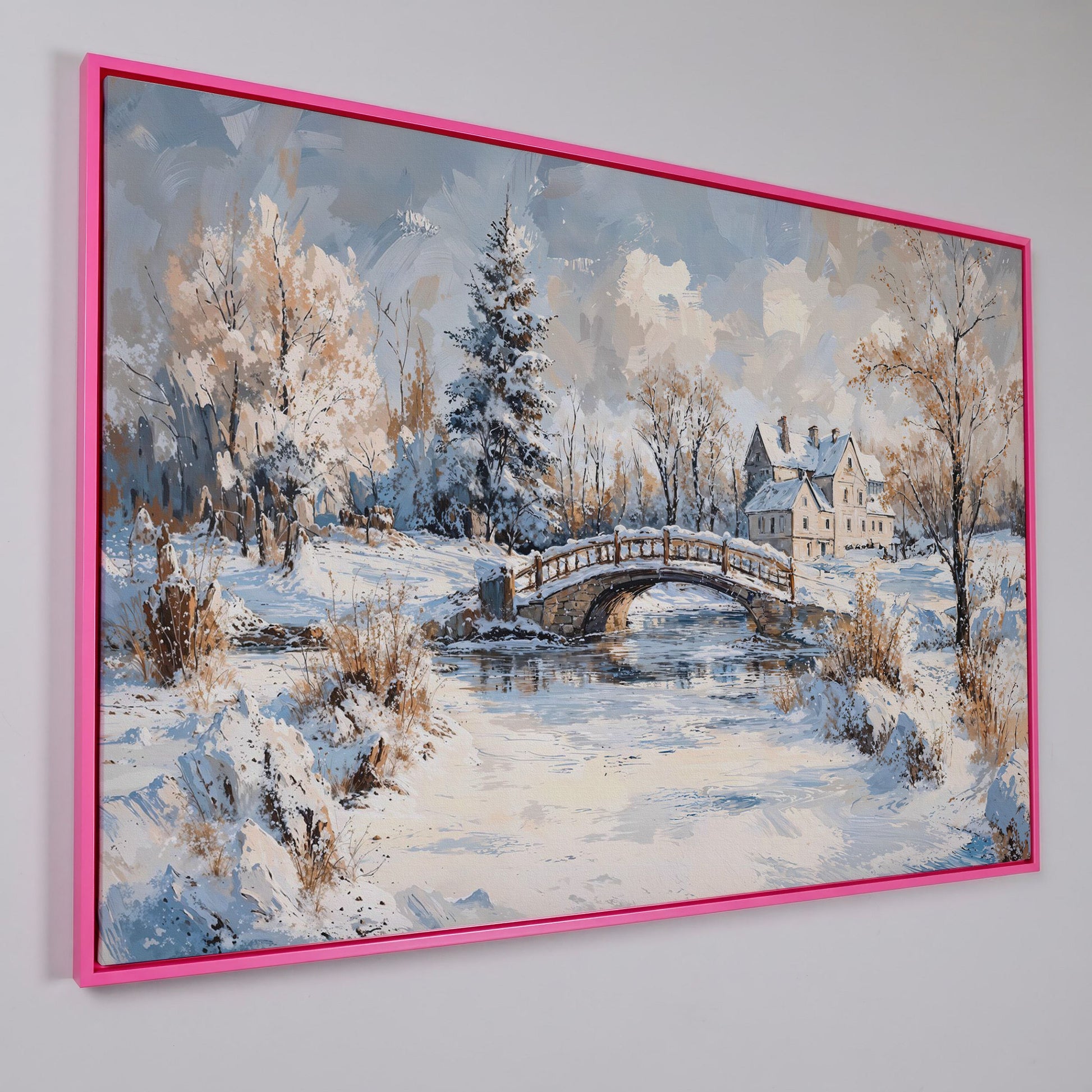 Winter Stone Bridge Canvas in pink floating frame