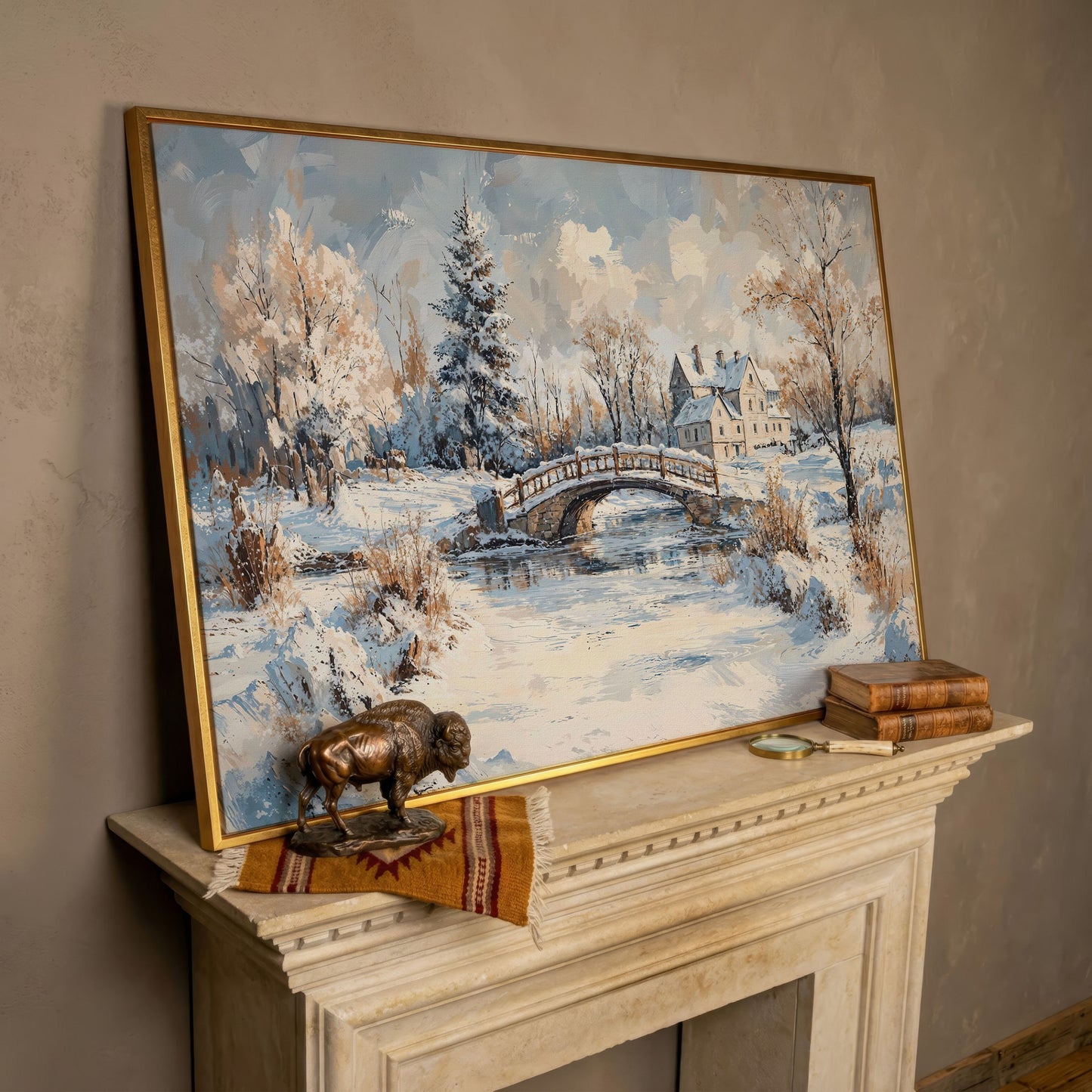 Winter Stone Bridge Canvas in rose gold floating frame