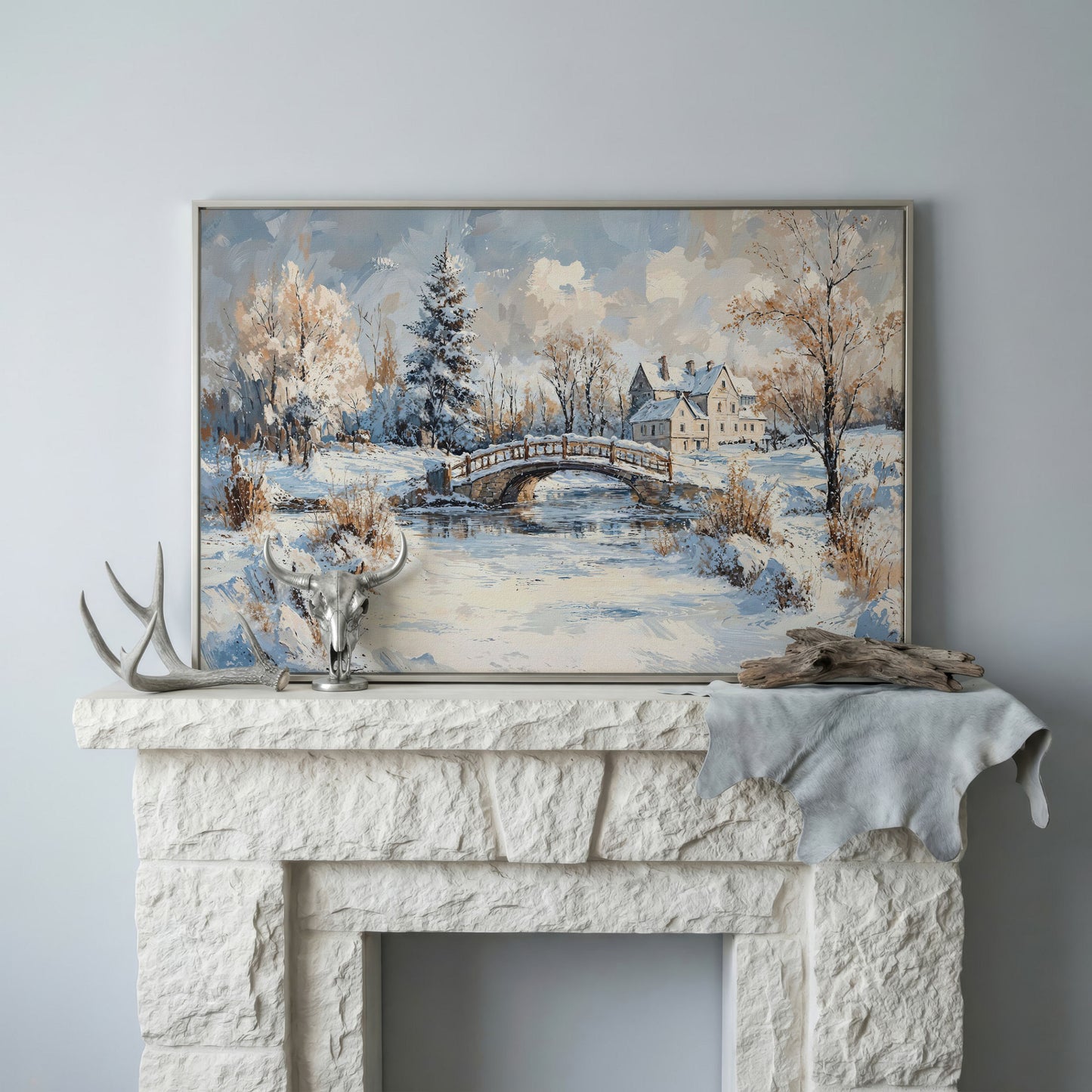 Winter Stone Bridge Canvas in silver floating frame