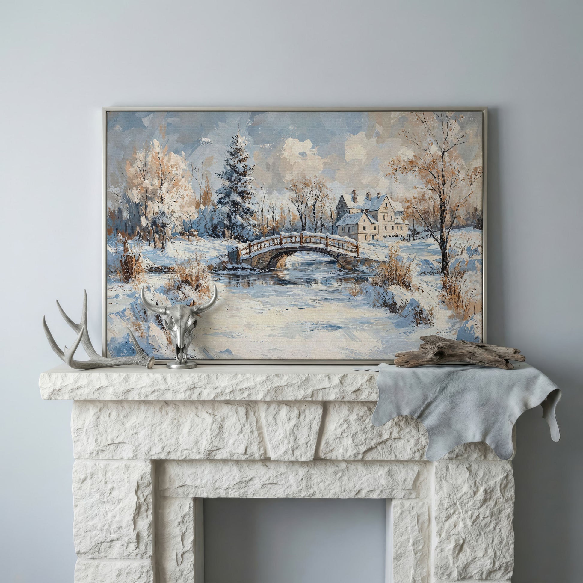 Winter Stone Bridge Canvas in silver floating frame