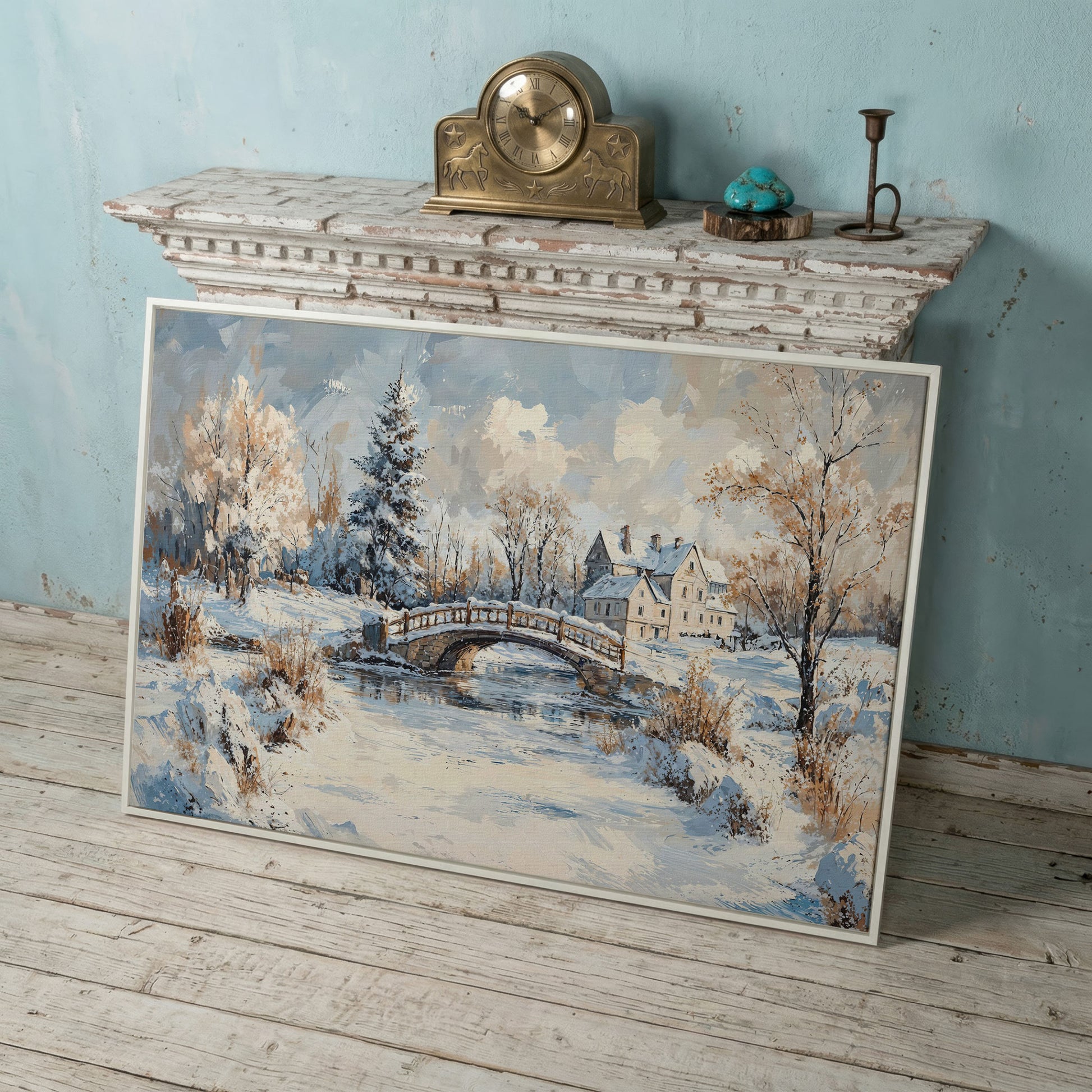 Winter Stone Bridge Canvas in white floating frame