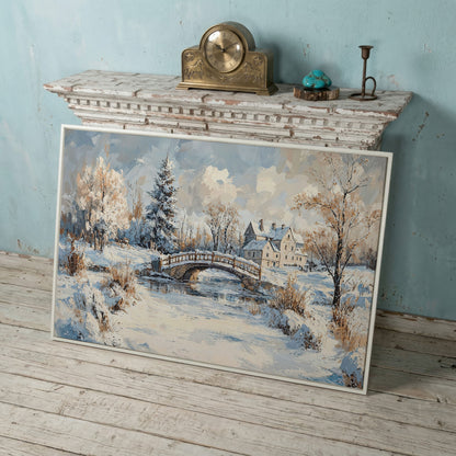 Winter Stone Bridge Canvas in white floating frame