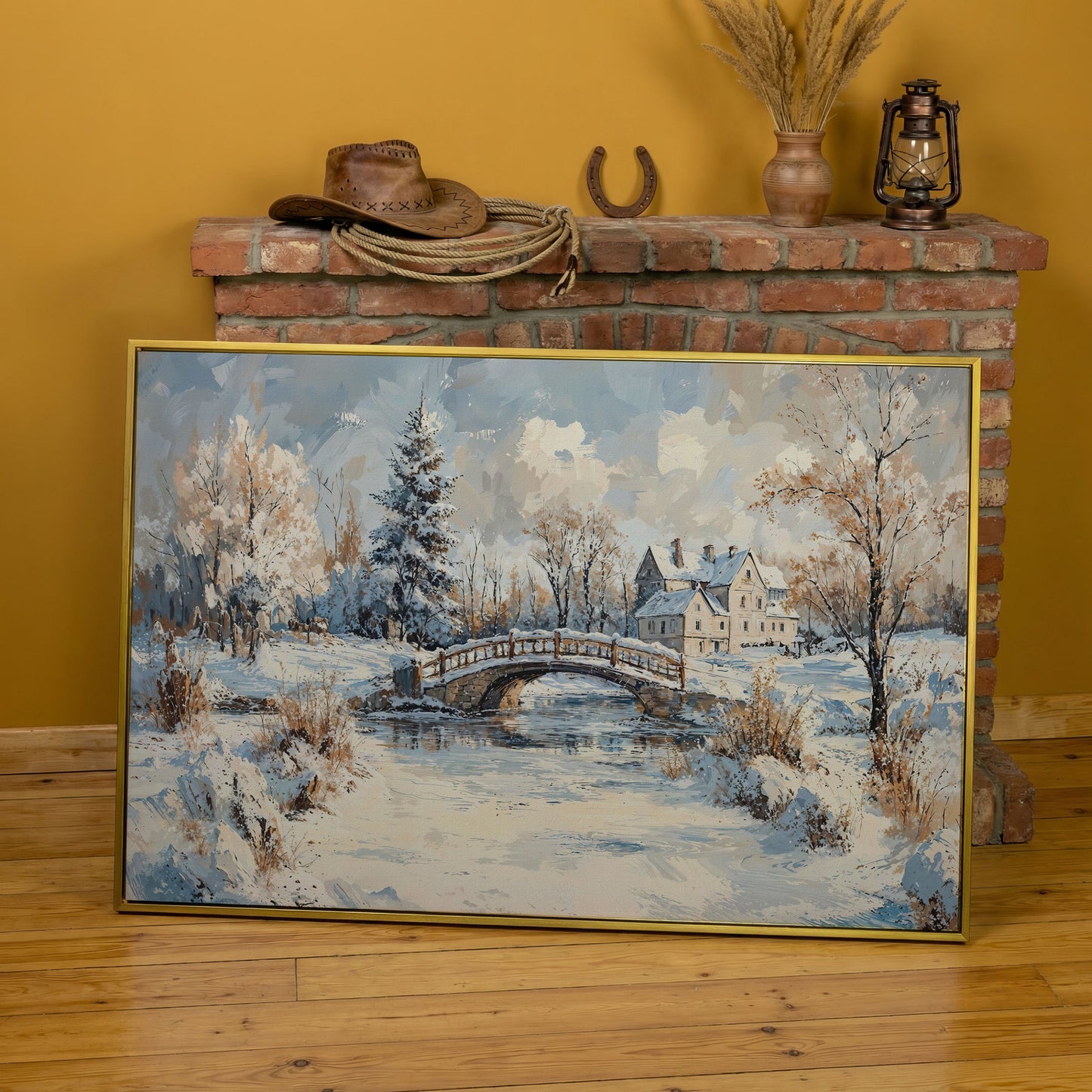 Winter Stone Bridge Canvas in yellow gold floating frame