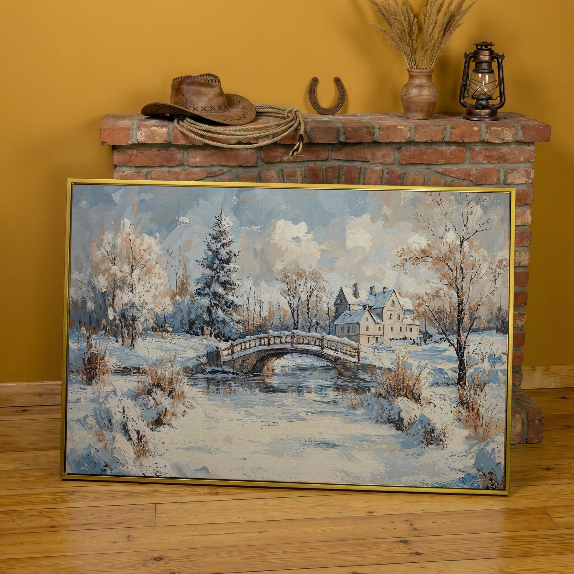 Winter Stone Bridge Canvas in yellow gold floating frame