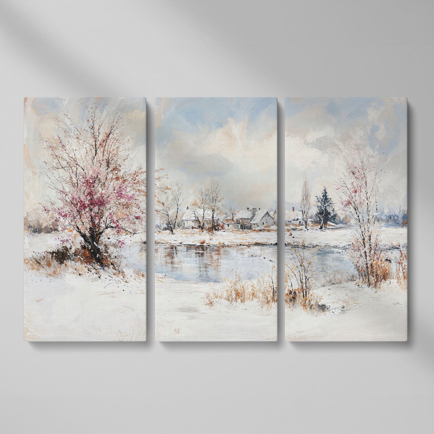 Winter Village by the Lake Canvas as 3-panel split version