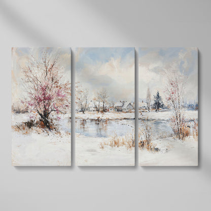 Winter Village by the Lake Canvas as 3-panel split version
