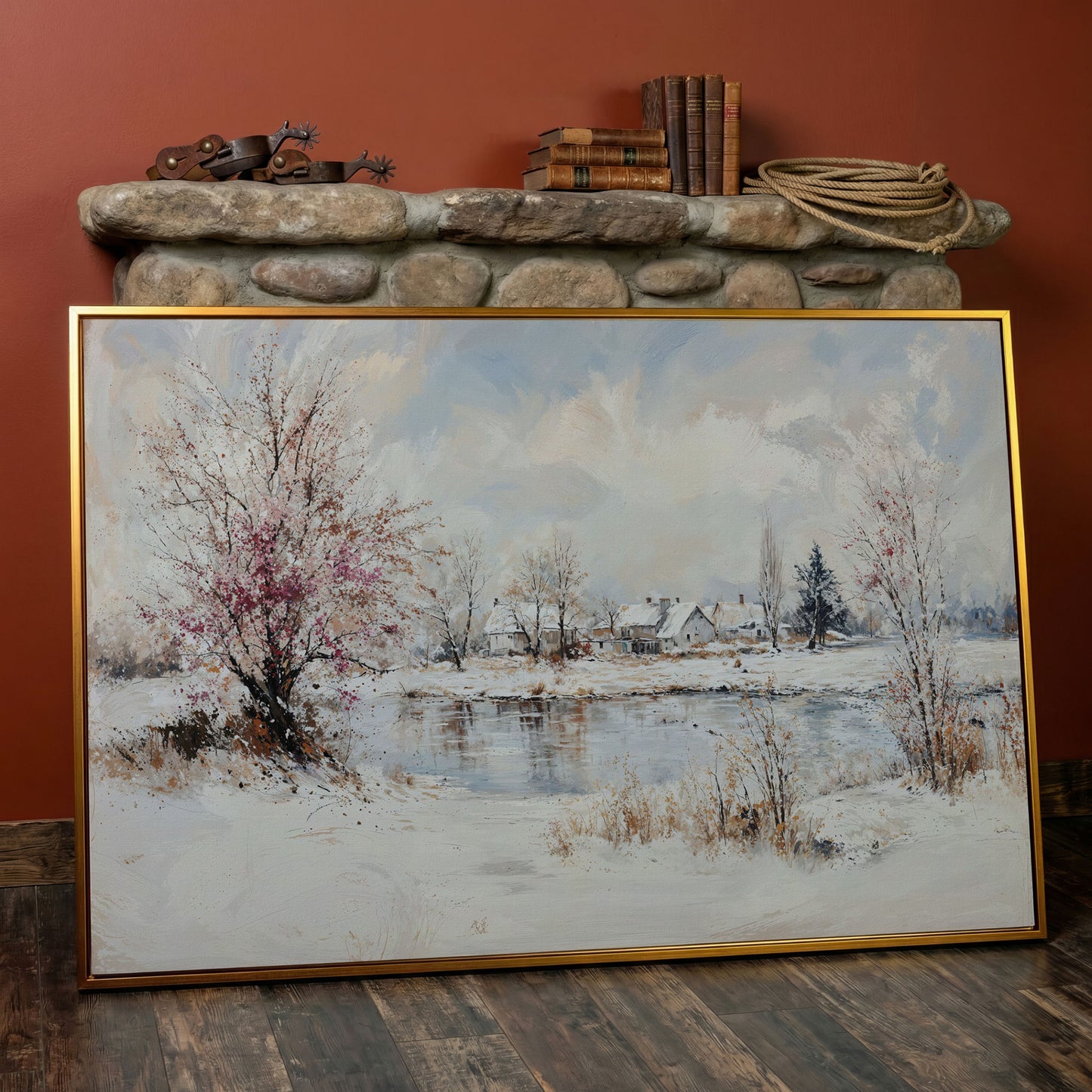 Winter Village by the Lake Canvas in antique gold floating frame