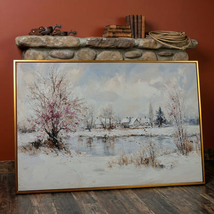 Winter Village by the Lake Canvas in antique gold floating frame