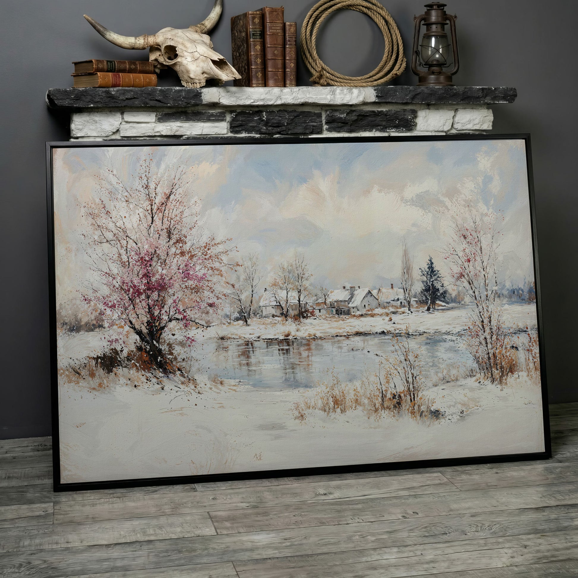 Winter Village by the Lake Canvas in black floating frame