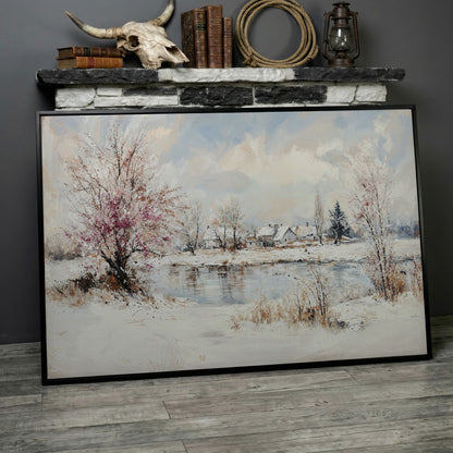 Winter Village by the Lake Canvas in black floating frame