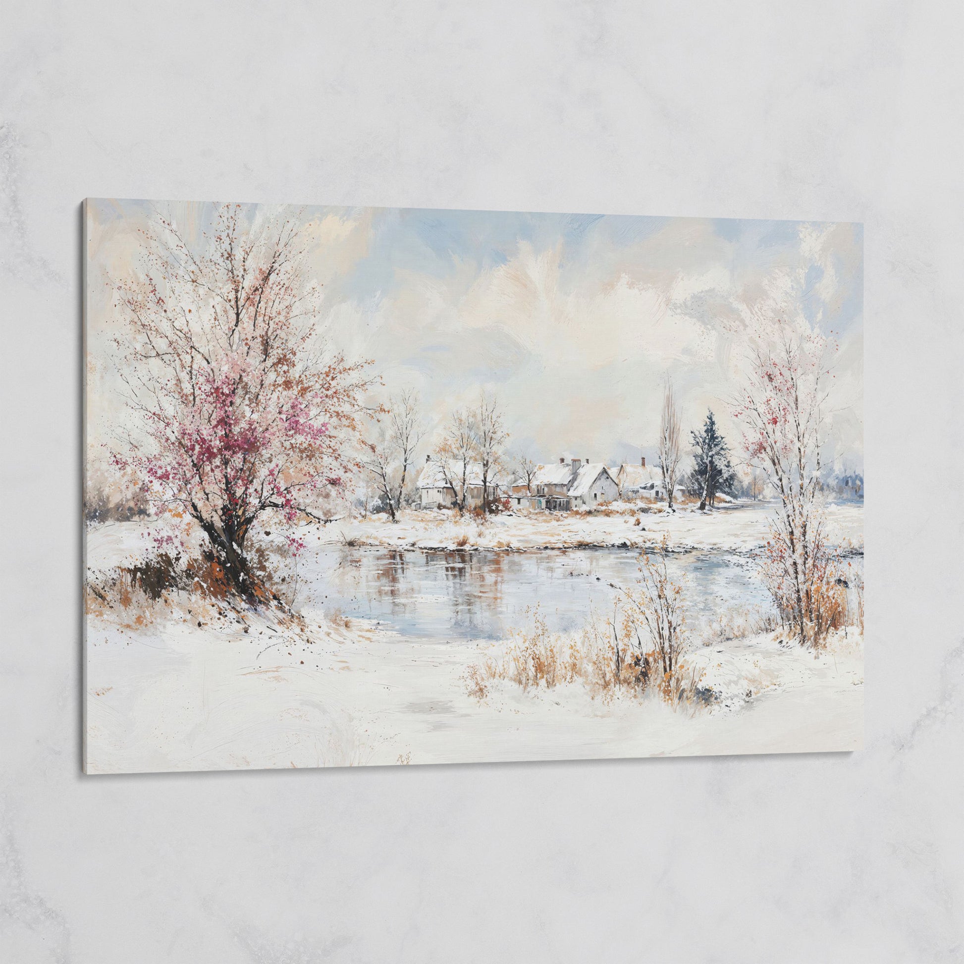 Winter Village by the Lake Canvas on gallery wrap