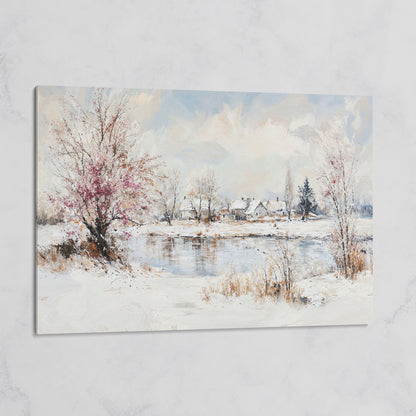 Winter Village by the Lake Canvas on gallery wrap