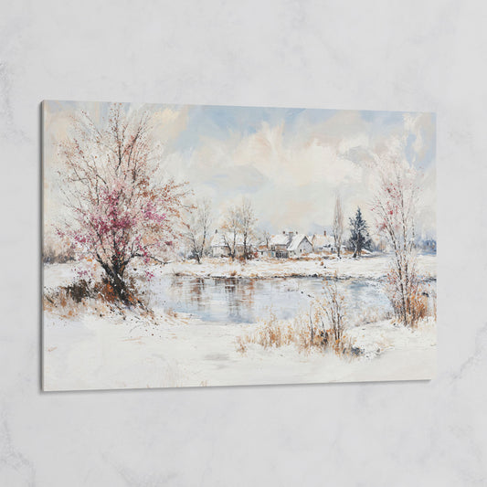 Winter Village by the Lake Canvas on gallery wrap