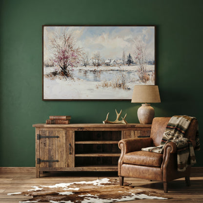 Winter Village by the Lake Canvas in dark walnut floating frame