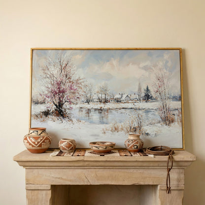 Winter Village by the Lake Canvas in white oak floating frame