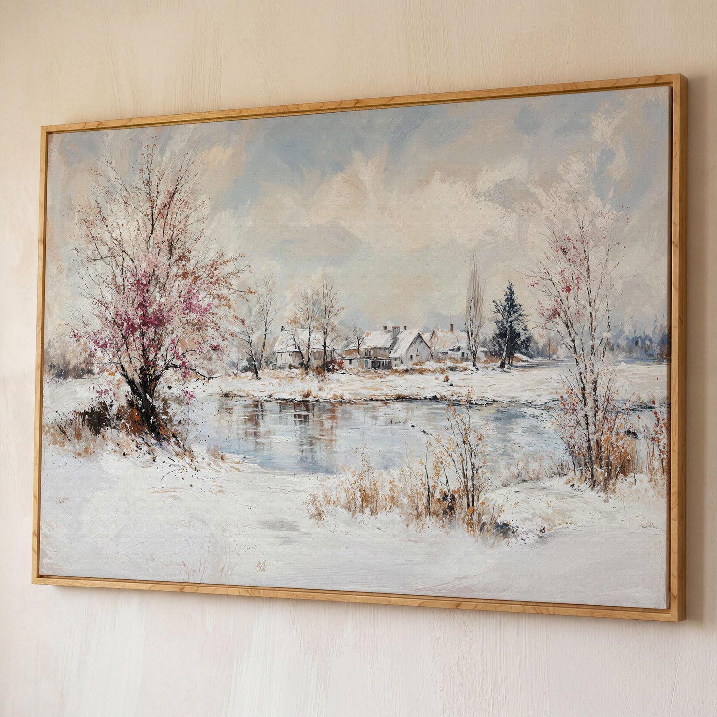 Winter Village by the Lake Canvas shown in white oak floating frame