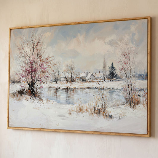 Winter Village by the Lake Canvas shown in white oak floating frame